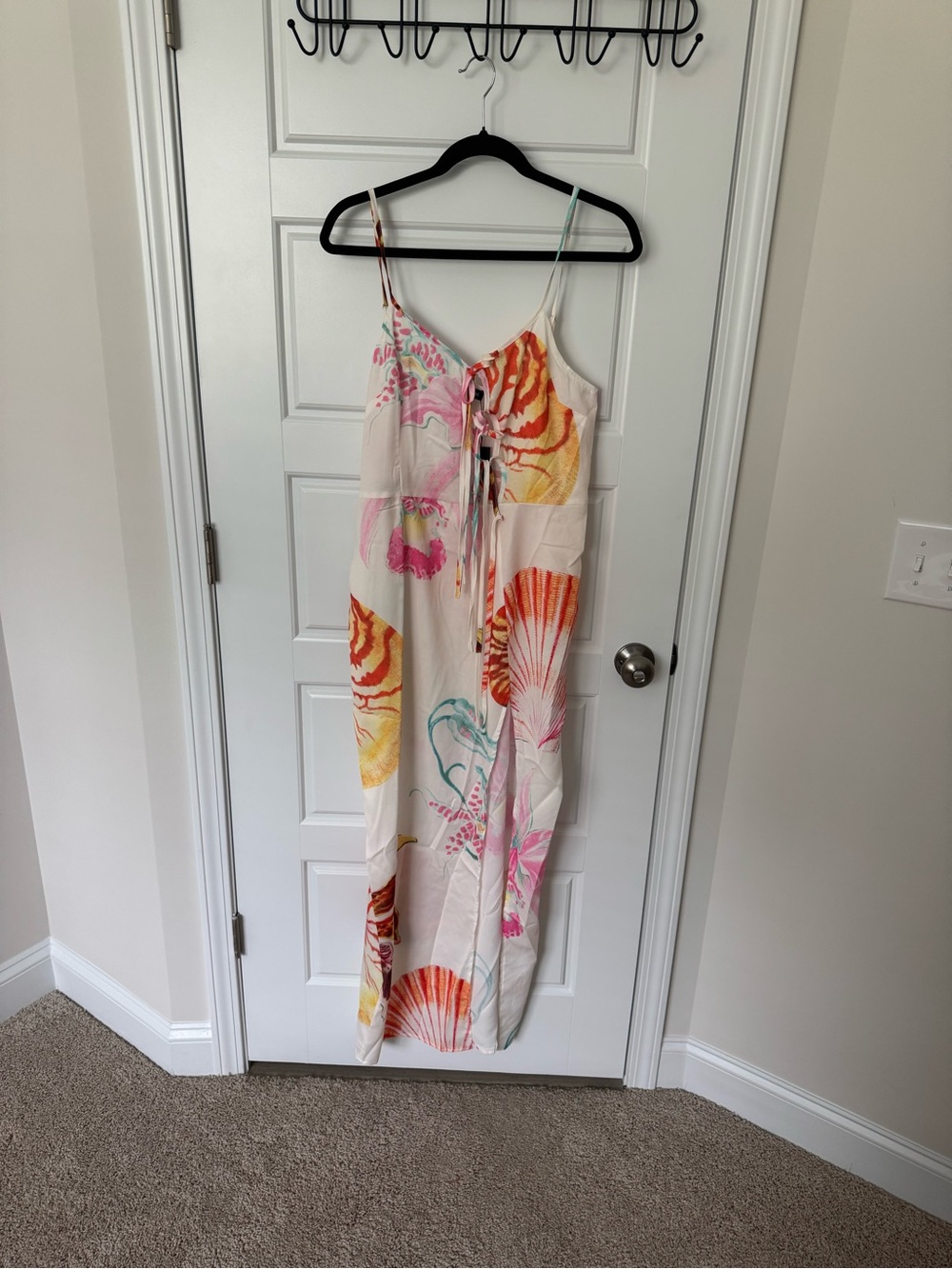 PrettyLittleThing Cream Multi Shell Print Asymmetrical Tie Strappy Midaxi Dress